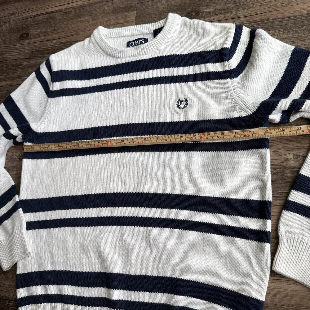 Chaps Sweater Mens M White Blue Stripe Heavyweight Knit Crewneck Preppy Cotton - Picture 6 of 9